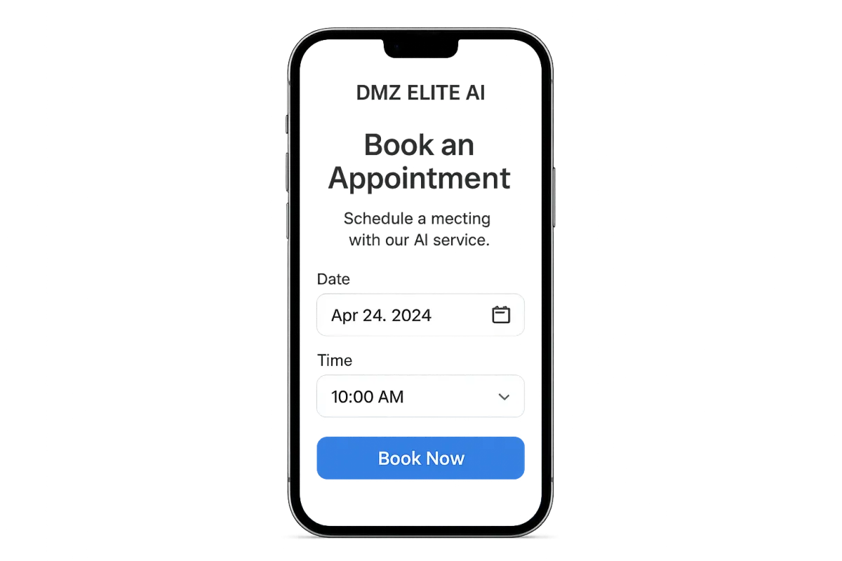 Isolated glossy smartphone mockup showing the DMZ Elite AI appointment booking screen with a clear Book Now button.