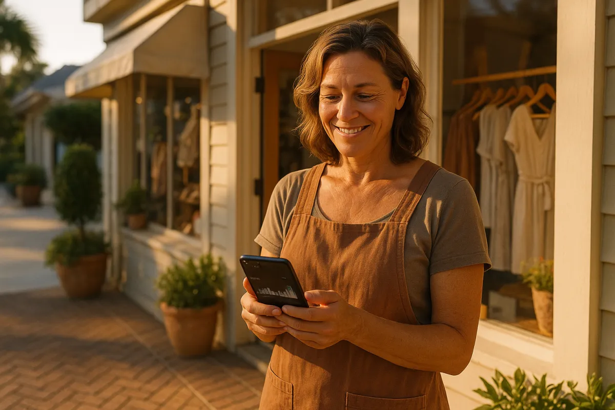 Local Hilton Head boutique owner reviewing analytics on phone outside shop