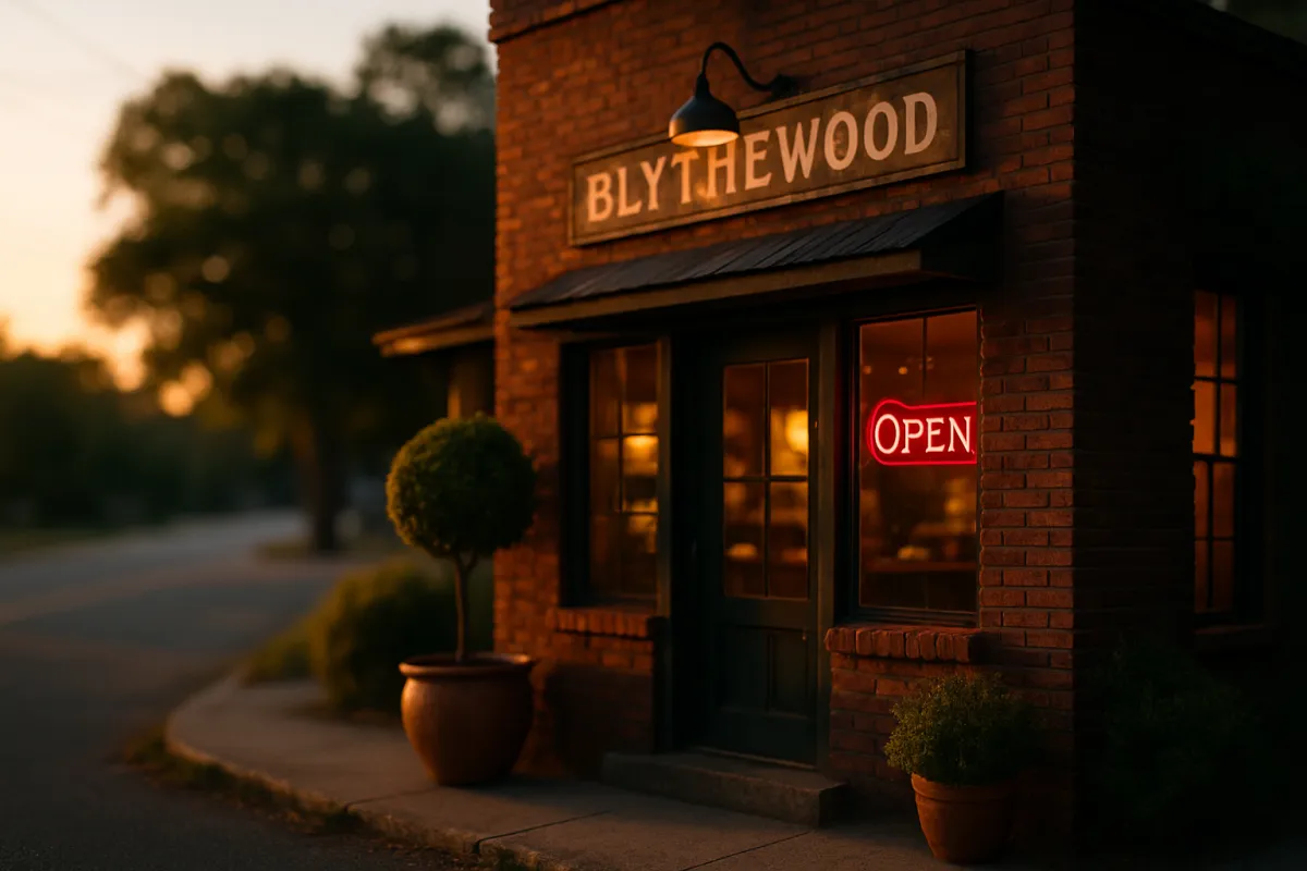 Local Blythewood storefront at golden hour with open sign