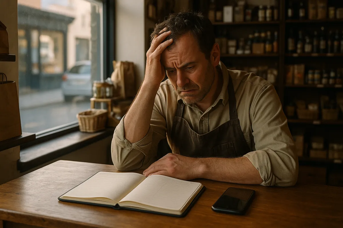 Frustrated small shop owner looking at an empty appointment book and silent phone.