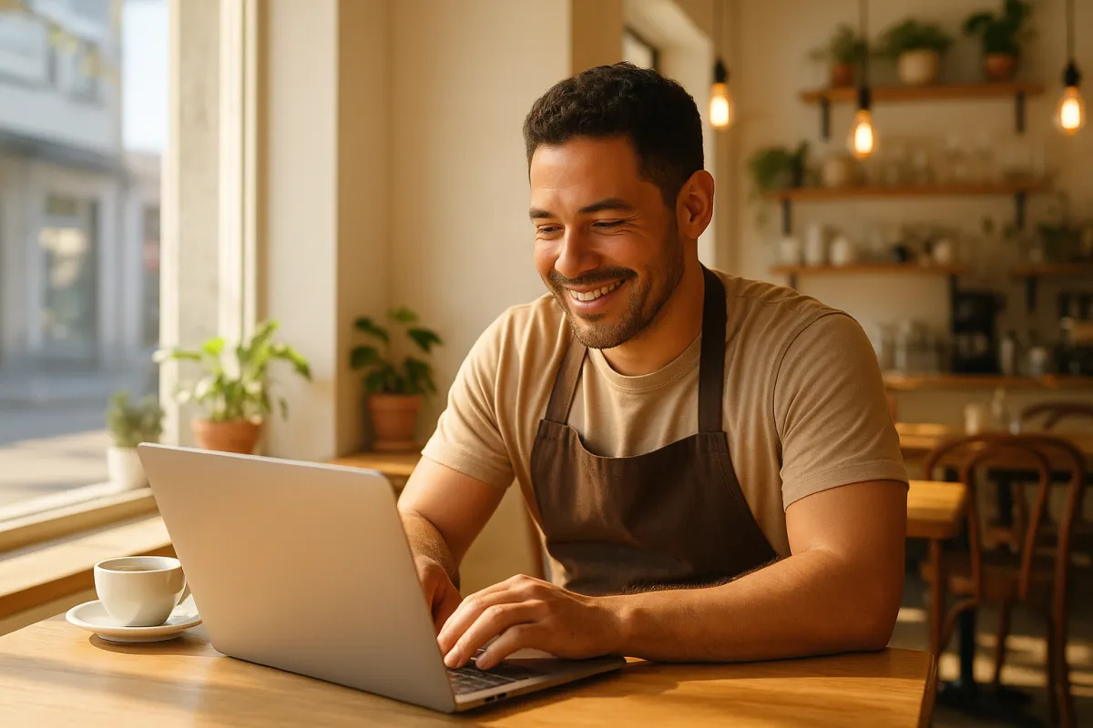 Cafe owner checking incoming contact inquiries on a laptop in a bright storefront, photorealistic 3:2 scene.