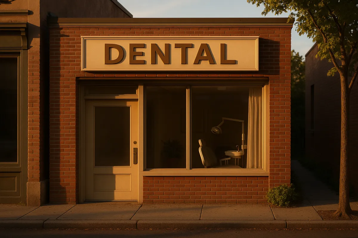 Small dental clinic storefront at golden hour, exterior with clear signage and sidewalk