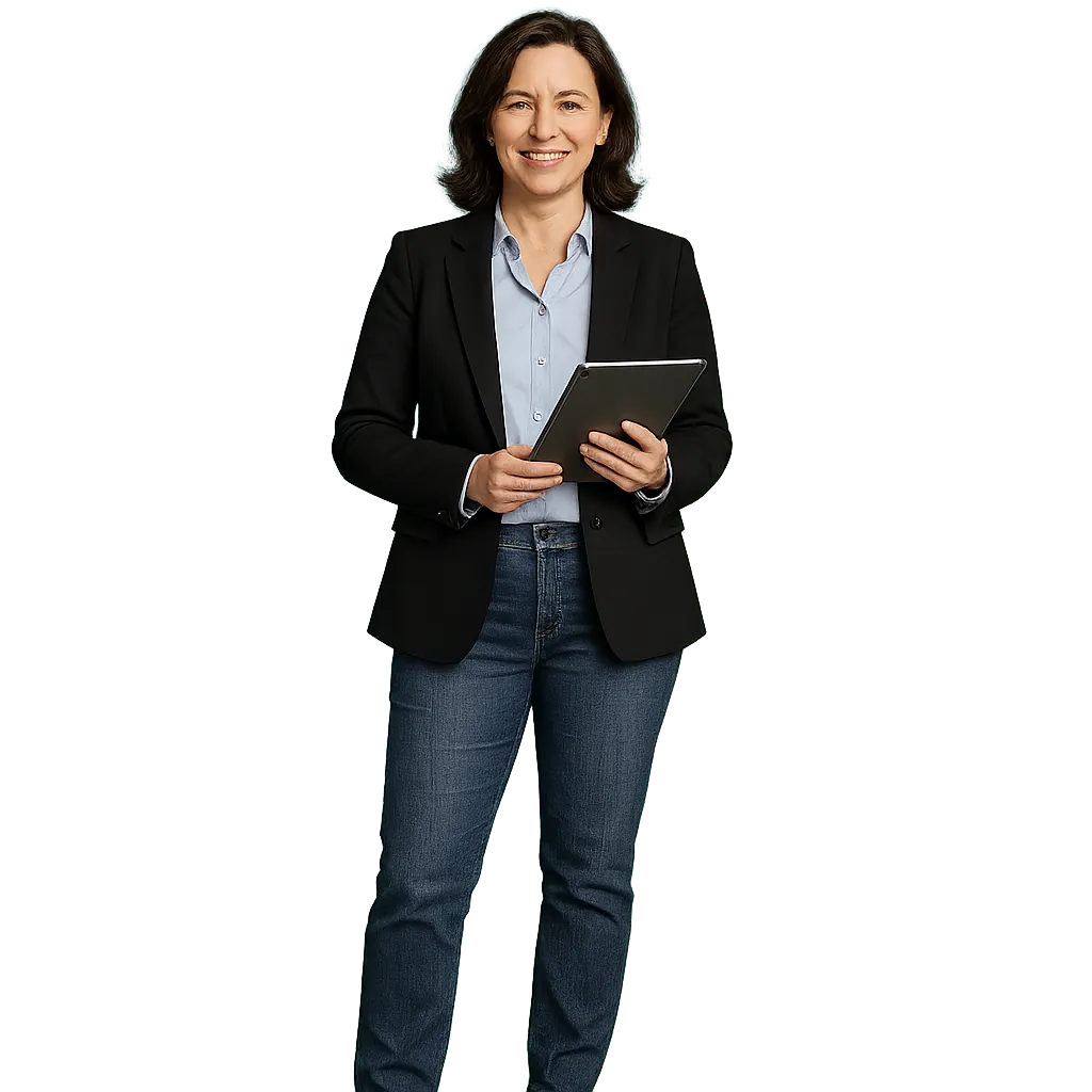 Confident small business owner holding a tablet, photorealistic, transparent background