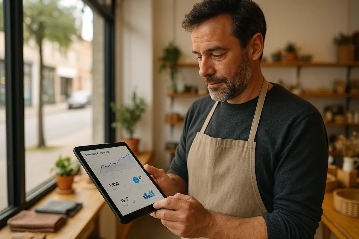 Shop owner checking campaign performance on a tablet inside a bright independent storefront, natural daylight through the window, candid photorealistic shot emphasizing real-world business impact and approachable marketing support.