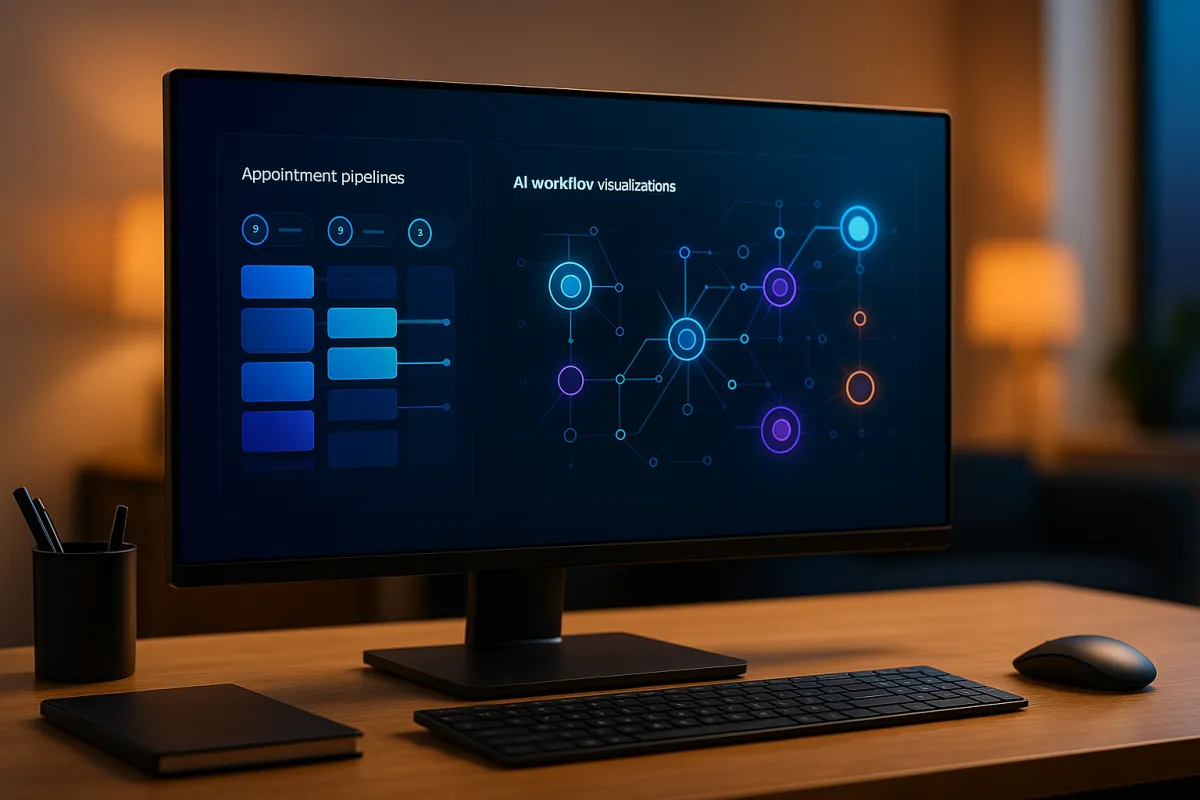 Futuristic small-business dashboard showing appointment pipelines and AI workflow visualizations