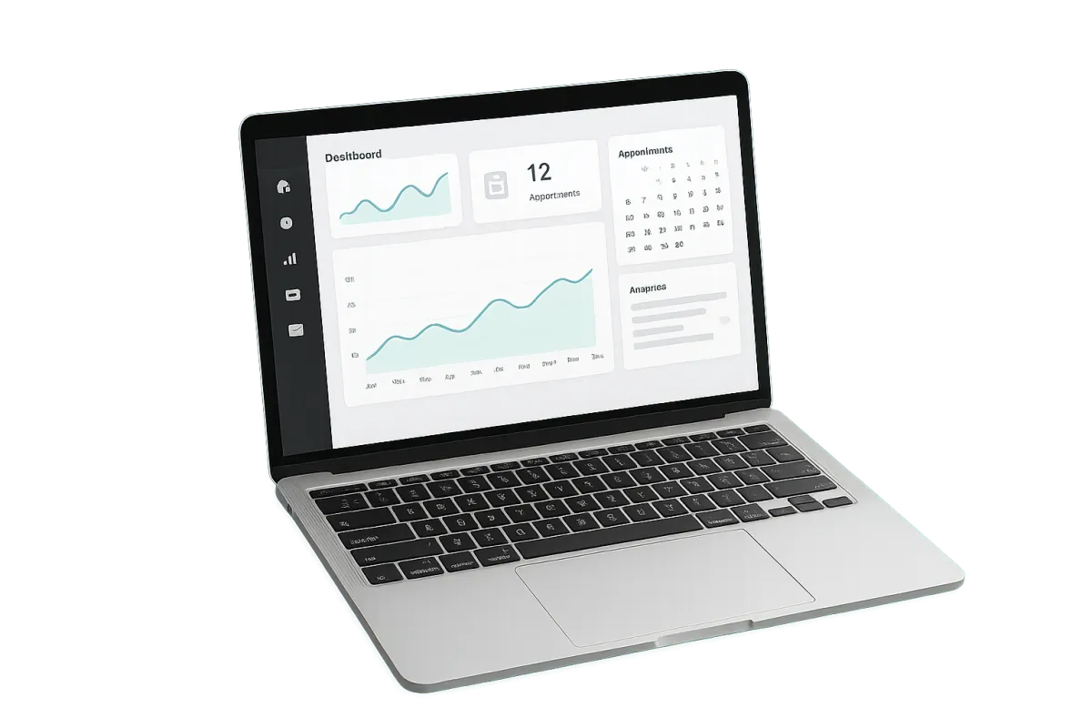 Laptop showing DMZ Elite dashboard with charts and calendar
