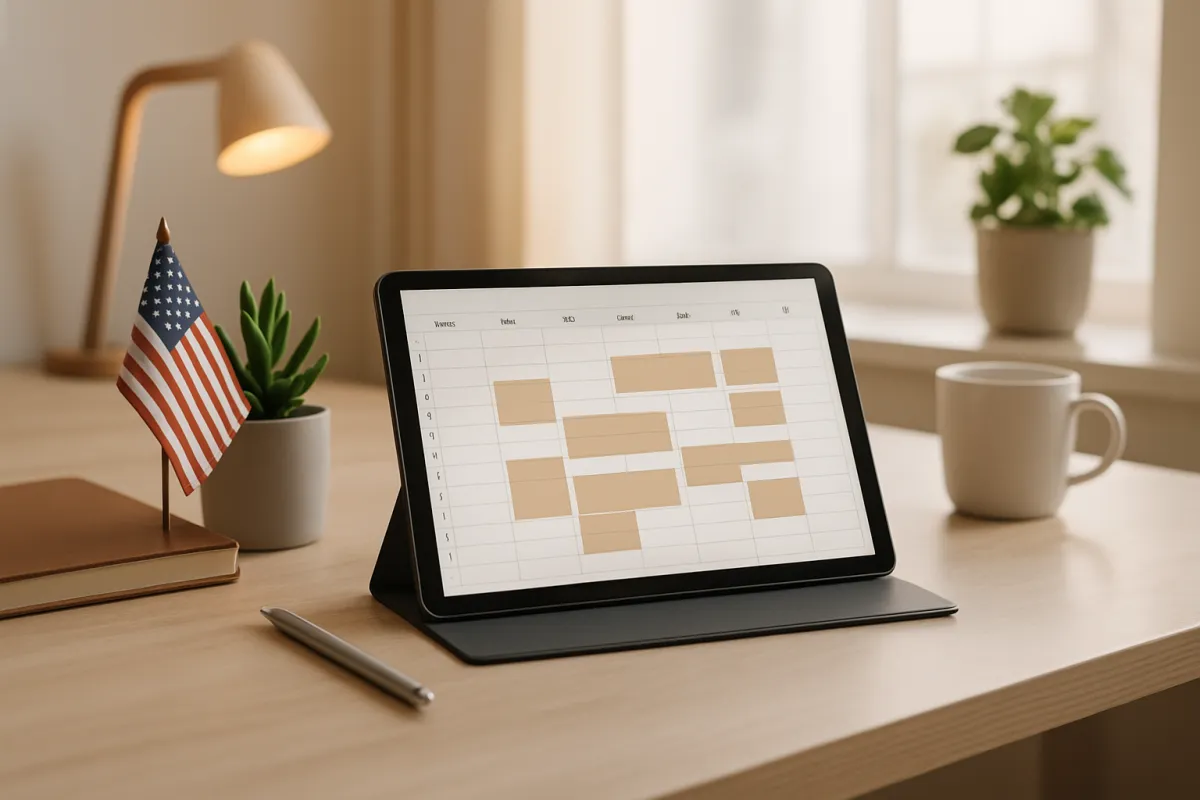 Wide desk scene with a tablet showing a clear appointment calendar and daily bookings in warm natural light.