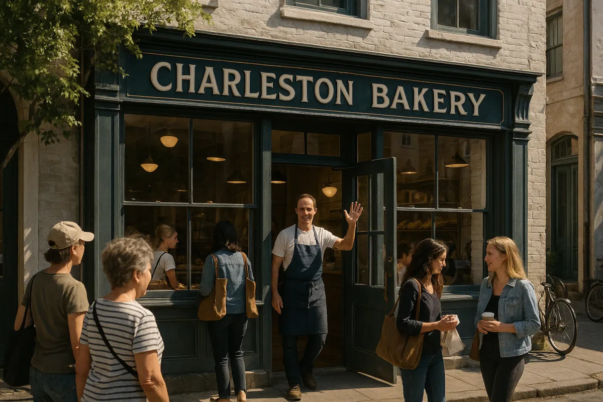 Exterior of a busy Charleston bakery with a readable storefront sign; mid-morning light, owner waving; photorealistic street-level view showing local charm and customer activity.