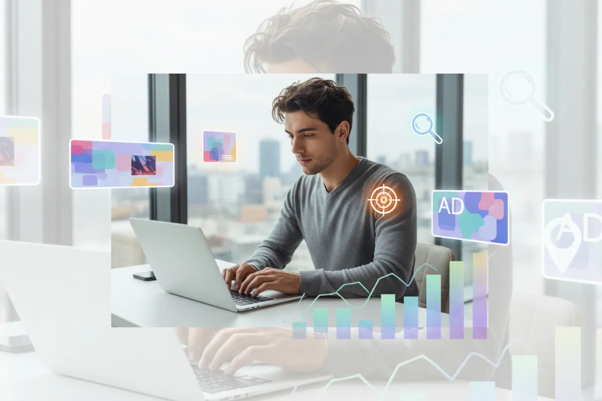 Small business owner managing digital marketing campaigns with SEO, ads, and analytics tools