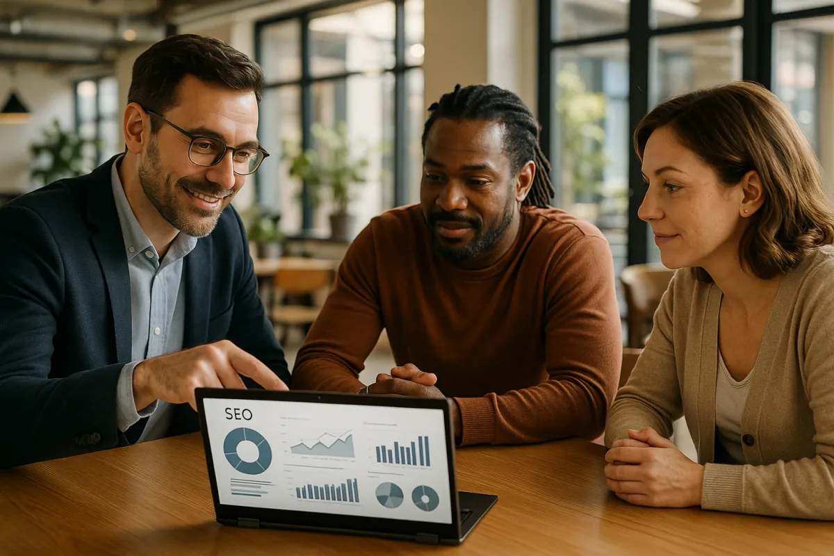 Consultant presenting an SEO dashboard to small-business owners in a Hilton Head co-working space.