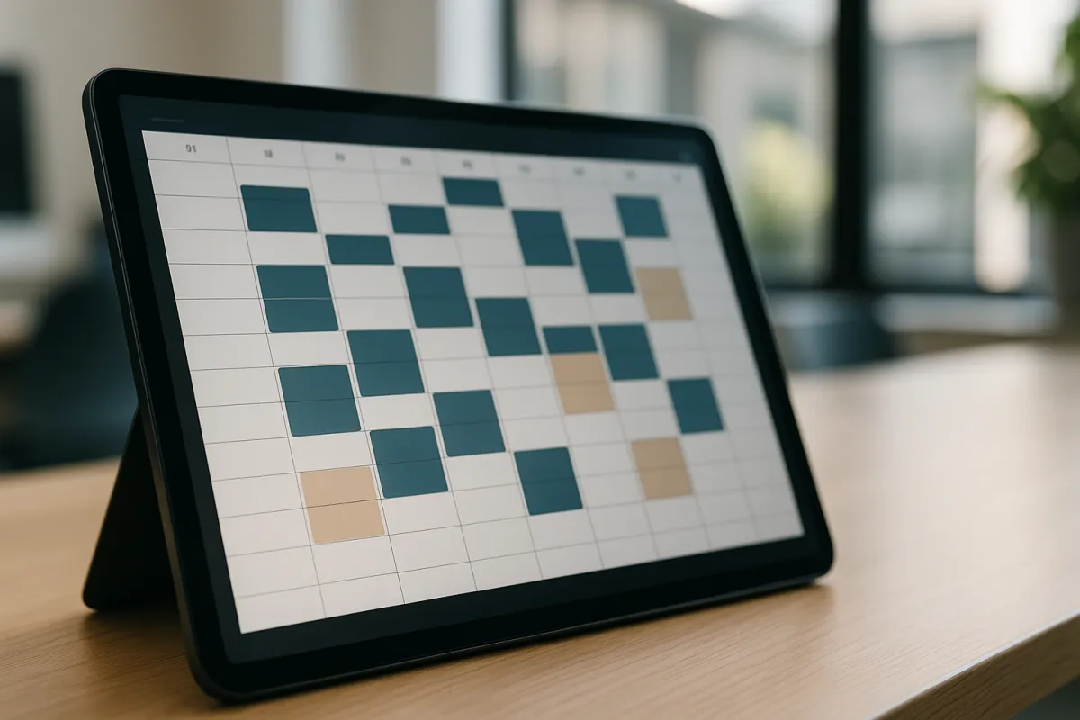 Tablet calendar filling with scheduled appointments in a modern business interior.