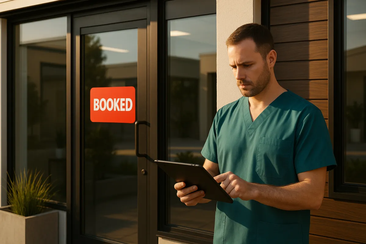 Modern local clinic exterior with 'Booked' sticker and staff checking a tablet showing new appointments