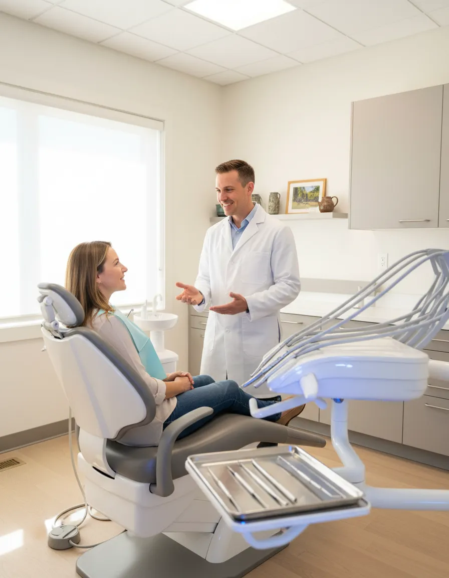 Modern local dental clinic with happy patient