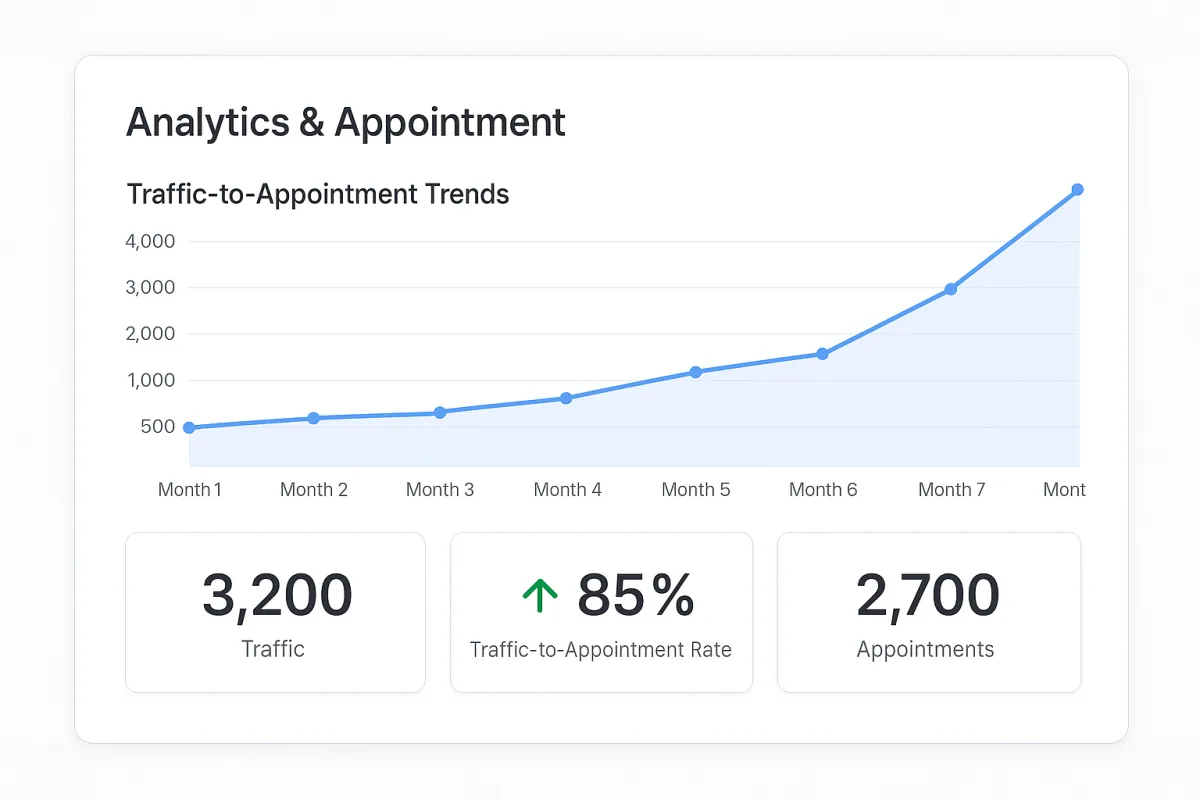 Analytics and appointment dashboard showing improved bookings and search metrics