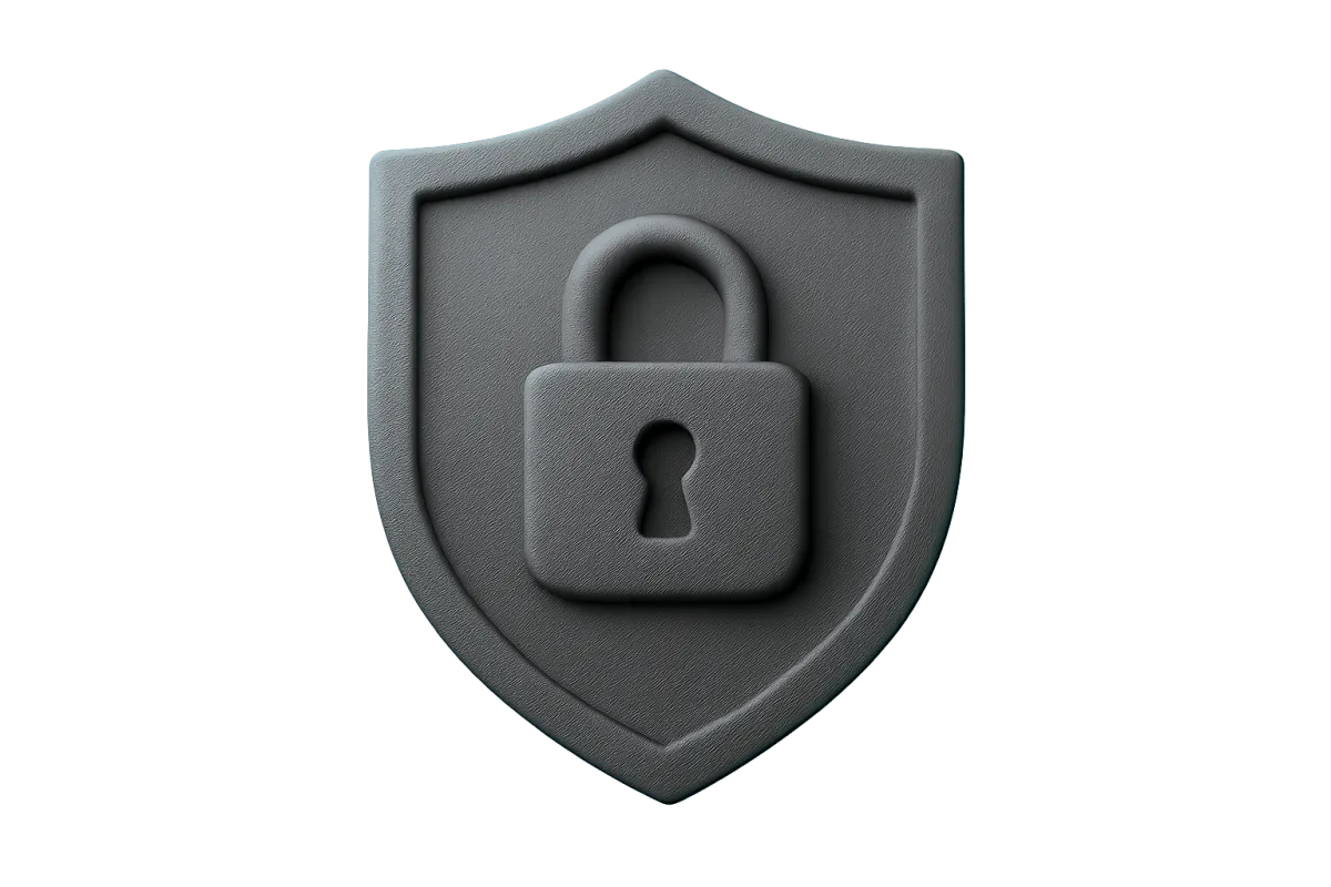 Photorealistic security shield emblem with padlock on transparent background