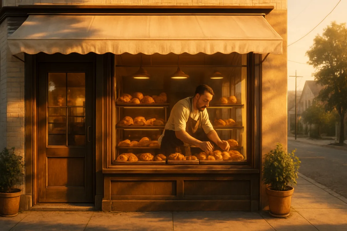 Panoramic local bakery storefront at sunrise with owner arranging fresh pastries; warm, welcoming neighborhood presence.