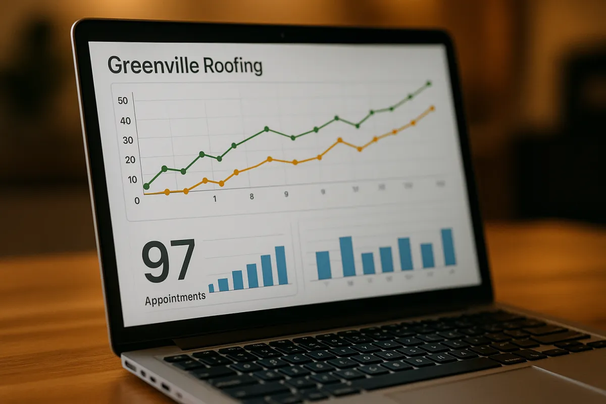 Greenville roofing client dashboard showing ranking gains and appointment growth on a laptop screen.