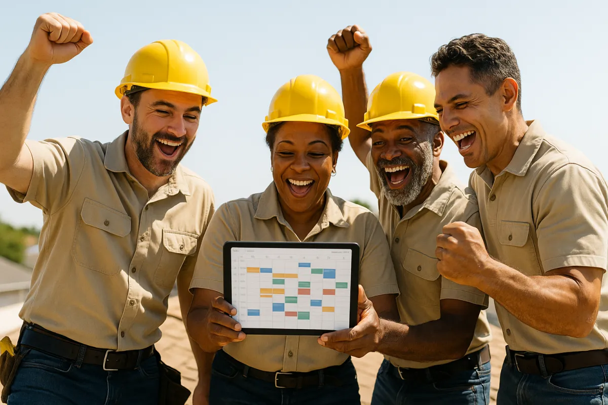 Roofing team celebrating around a tablet showing an appointment calendar