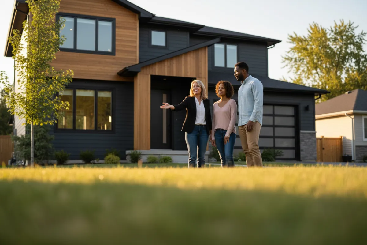 Photorealistic realtor greeting buyers in front of a modern suburban house, warm natural light, clear focal point, right-column feature image
