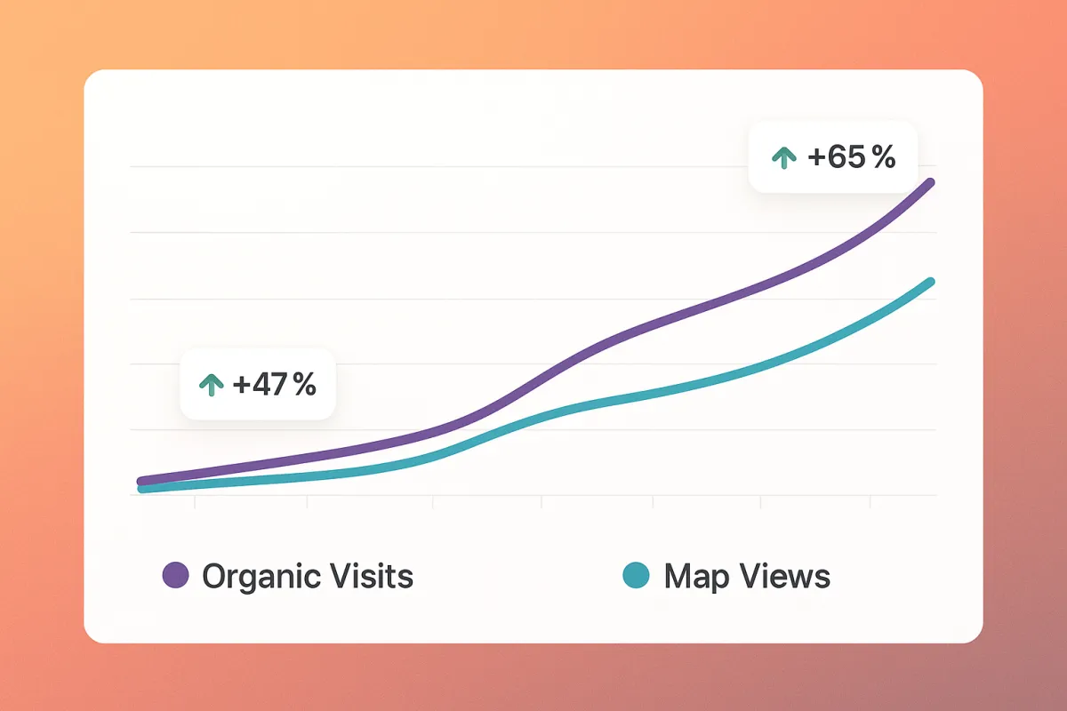 Performance chart showing rising organic visits and map views month over month for a local bakery case study