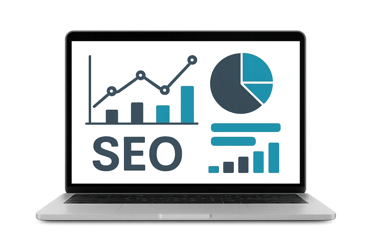 Isolated silver laptop displaying a simplified SEO analytics dashboard