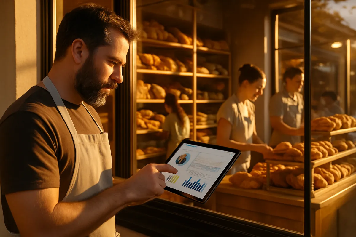 Busy local bakery owner reviewing a tablet showing lead dashboards in a sunlit storefront.
