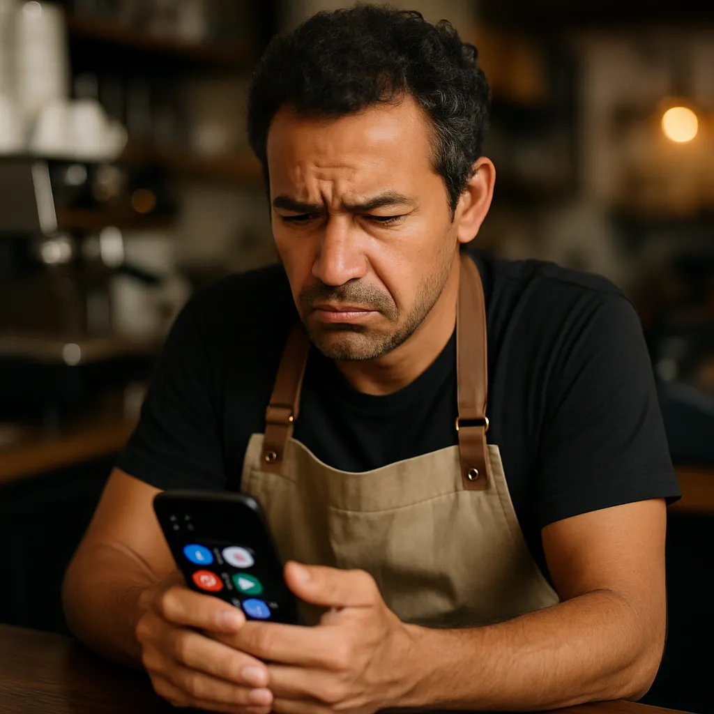 Frustrated small café owner looking at multiple apps on a phone behind a counter.