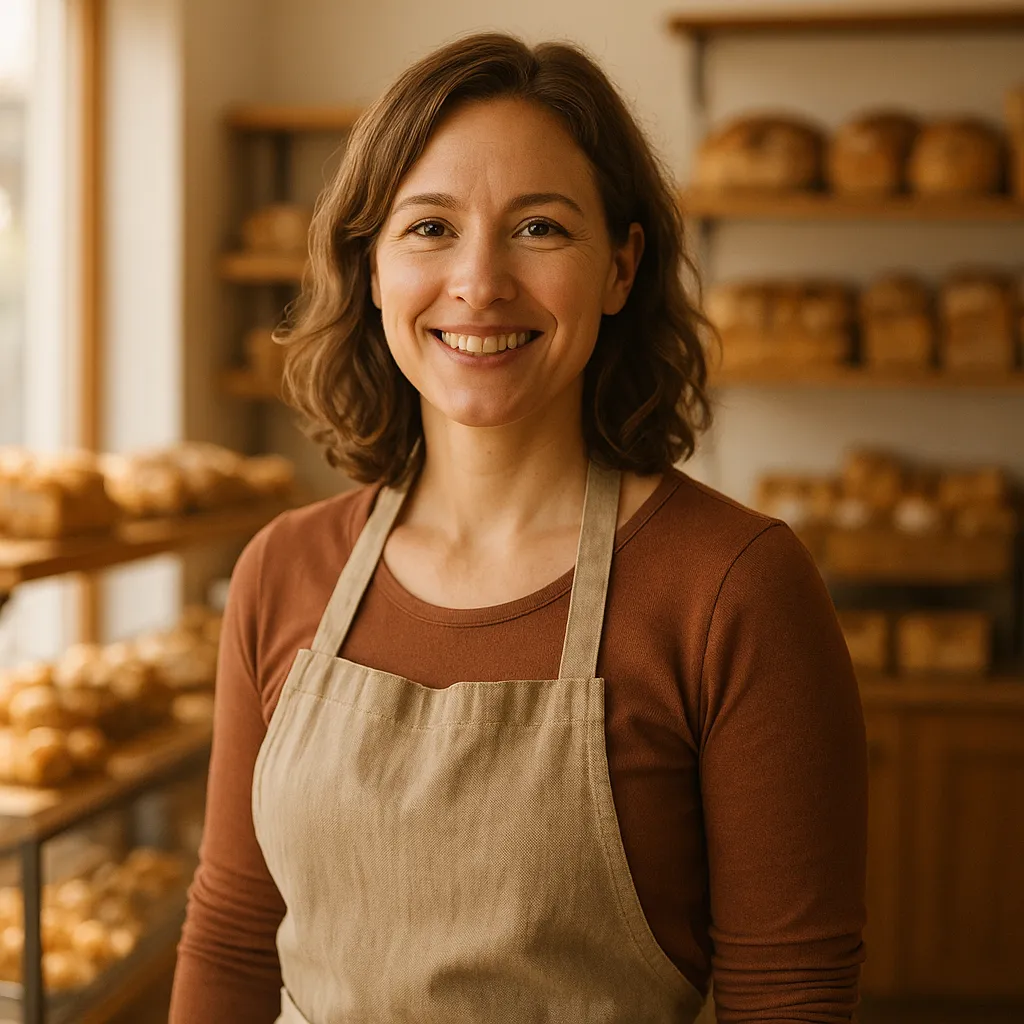 Exterior of a busy Charleston bakery with a readable storefront sign; mid-morning light, owner waving; photorealistic street-level view showing local charm and customer activity.