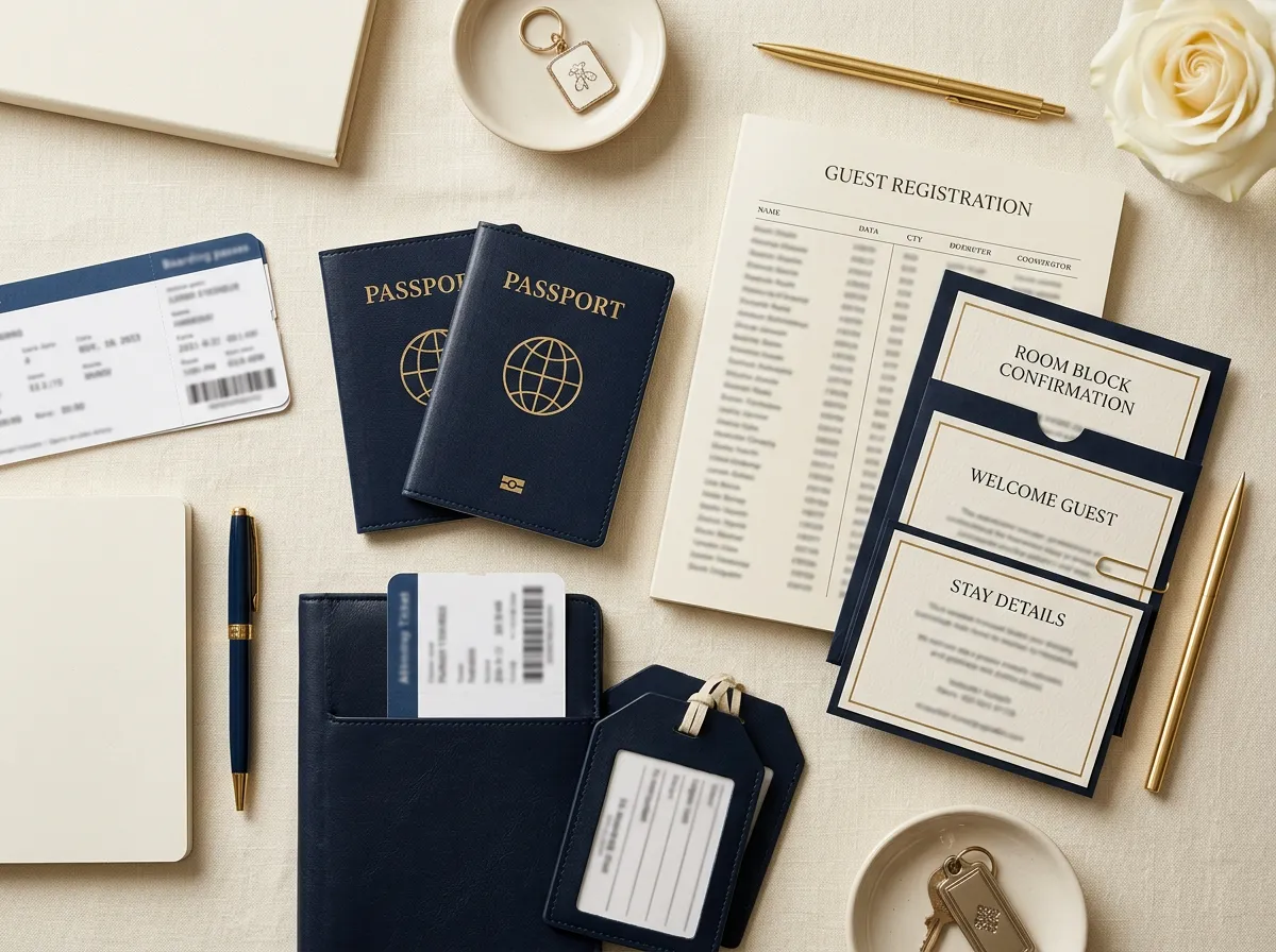 Placeholder image (AI-generated): guest travel and room block management flat lay