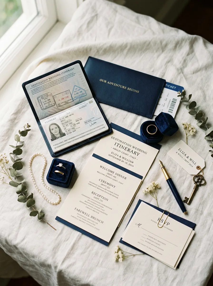 Placeholder image (AI-generated): destination wedding travel planning flat lay