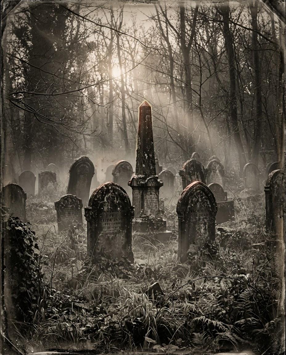 Antique daguerreotype photograph of morning mist and pale sunlight breaking over weathered Victorian headstones in a quiet cemetery