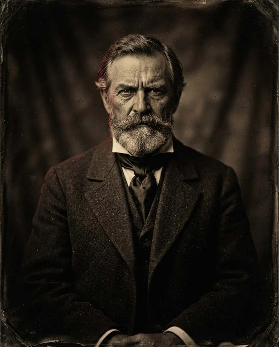 Daguerreotype oval portrait of Silas Avery, town founder with severe gaze