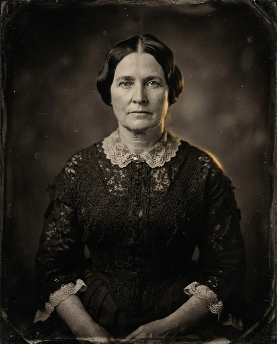Daguerreotype oval portrait of Clara Avery in high-collared lace dress