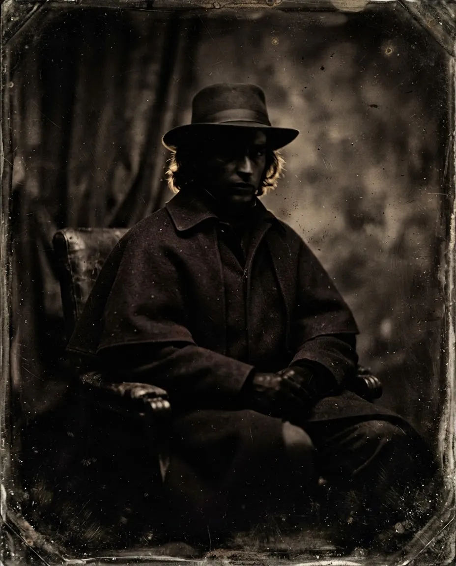 Daguerreotype oval portrait of The Drifter with shadowed face and pocket timepiece