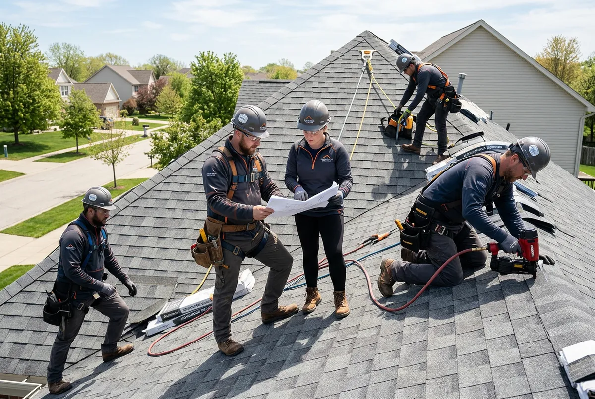 Commercial roofing crew working on an active residential job site