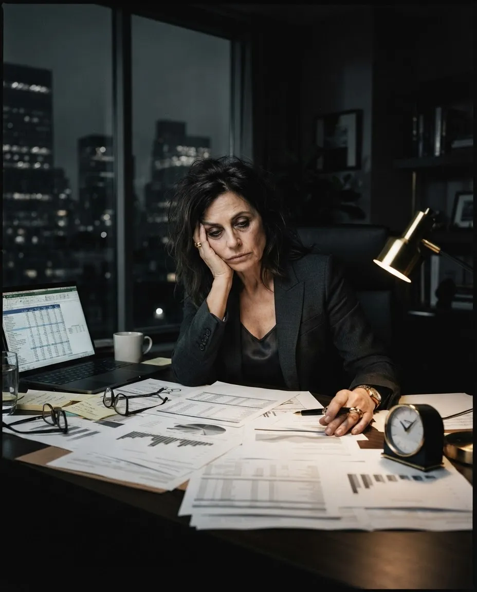 Exhausted founder staring pensively at balance sheets in an executive office late at night