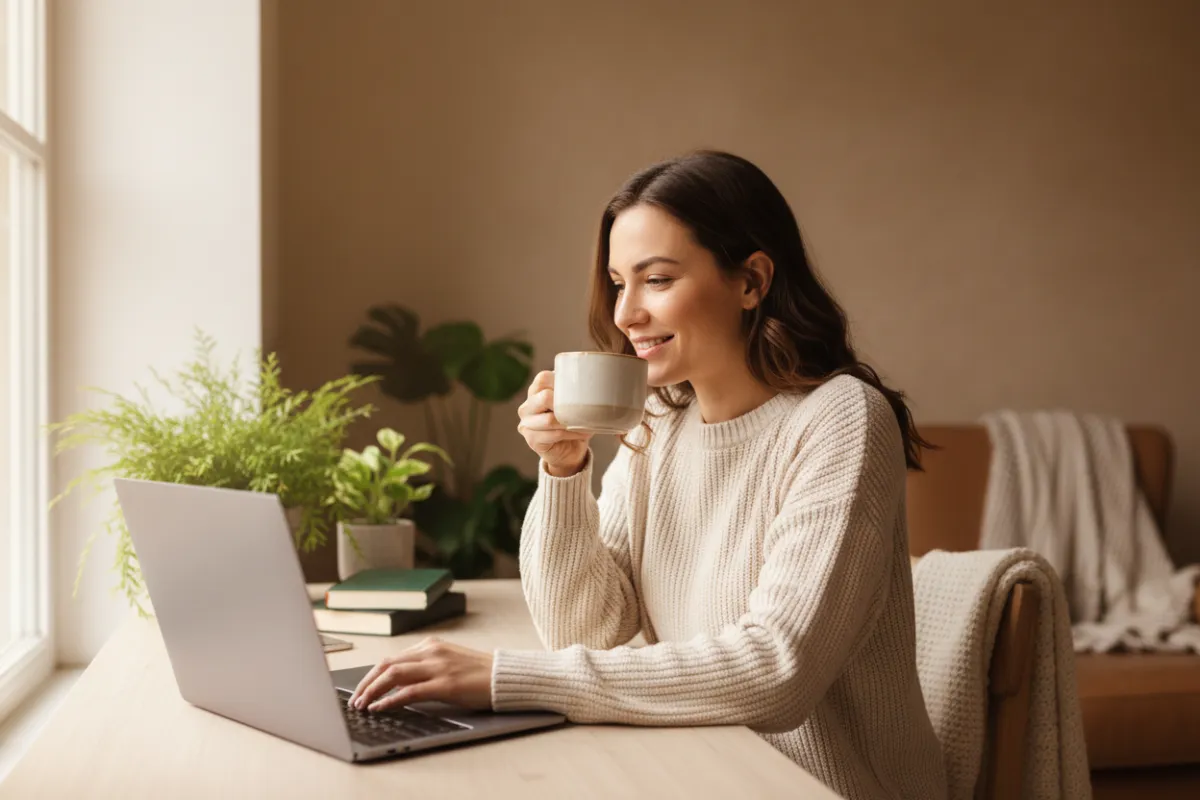 Woman enjoying a coffee while working on a laptop in a bright, calm workspace