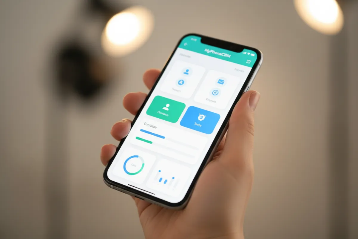 Close-up of a hand holding a modern smartphone displaying the MyPhoneCRM interface.
