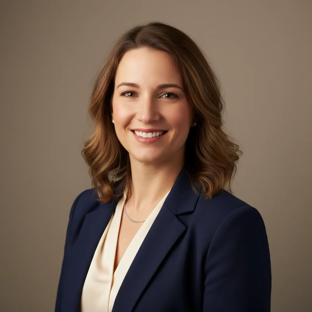 Portrait of a smiling female real estate agent, early 30s, head-and-shoulders, neutral studio background.
