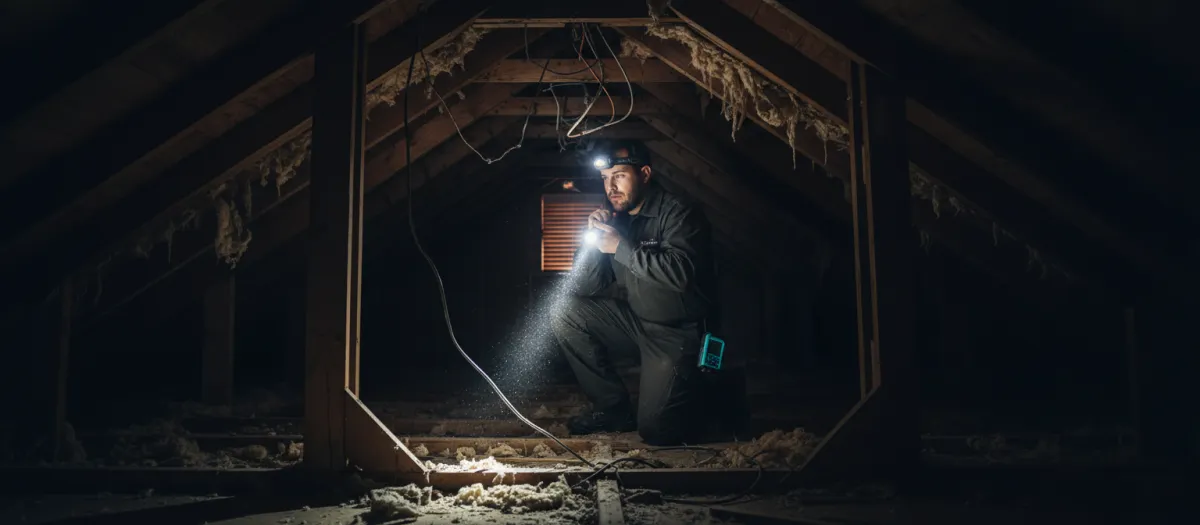 Technician in attic inspecting rodent damage with flashlight