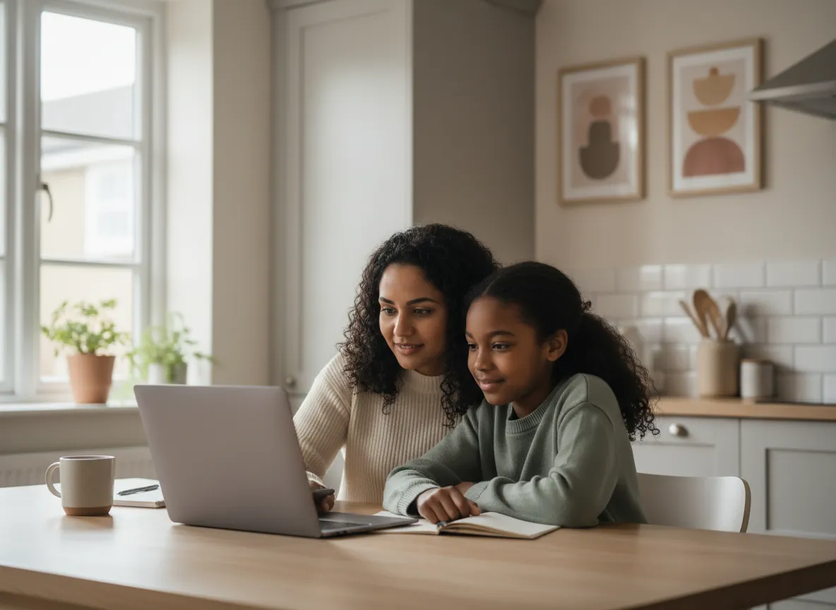 Parent and child working together on a laptop during an online maths lesson