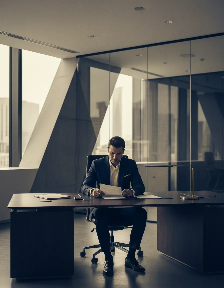 Desaturated environmental photography of executive workspace