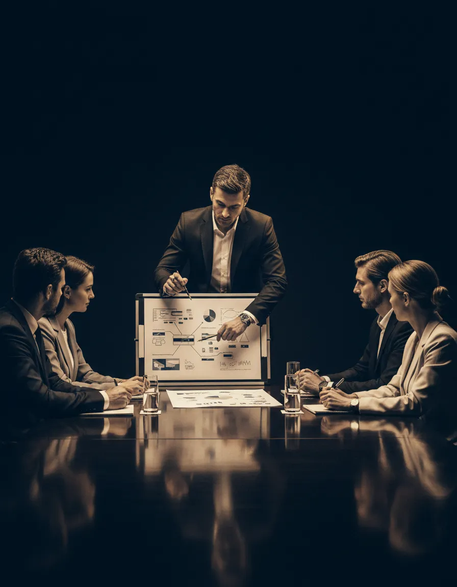 Desaturated photography detailing a corporate strategy meeting