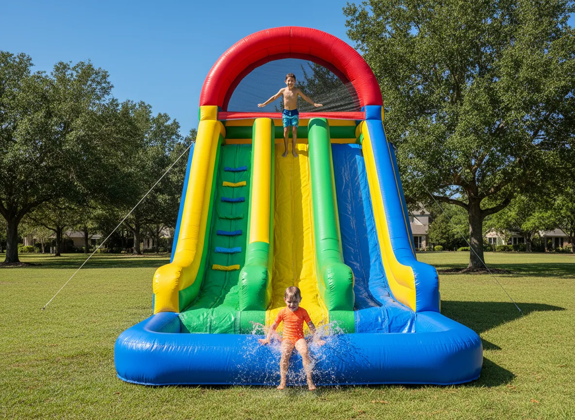 Tall inflatable slide in a residential yard