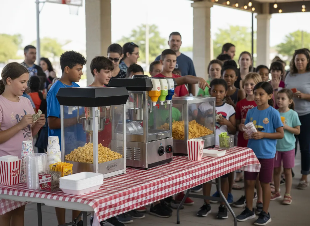 Concession table with popcorn snow cones and nachos