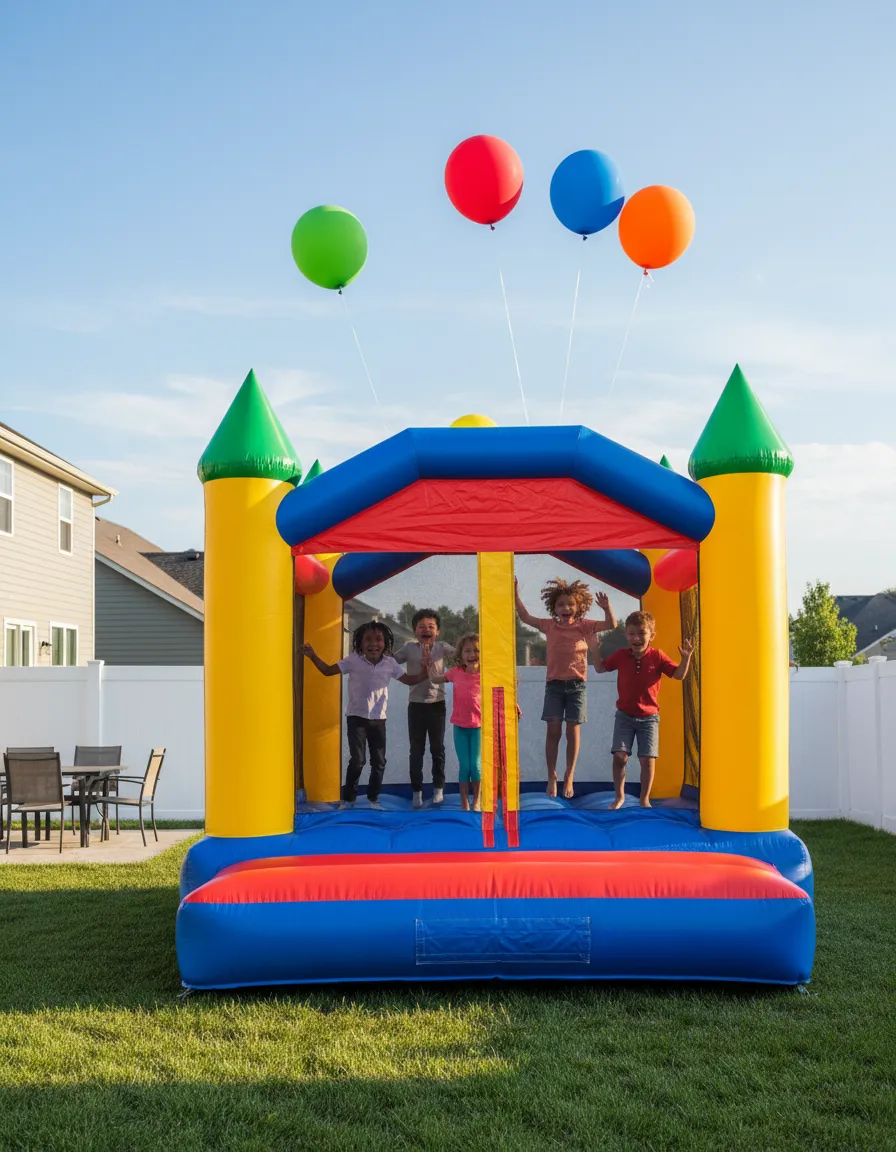 Kids jumping in a colorful backyard bouncy castle