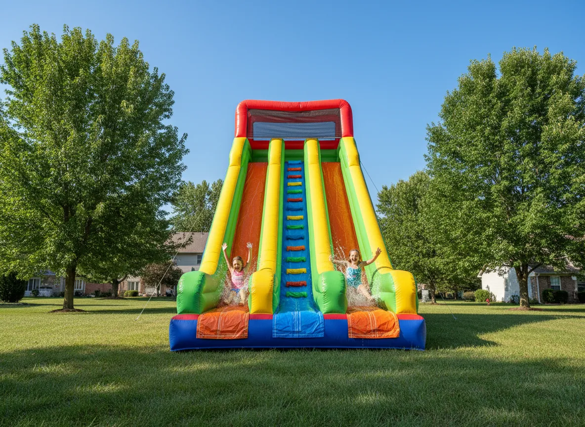 Giant inflatable slide in a backyard setting