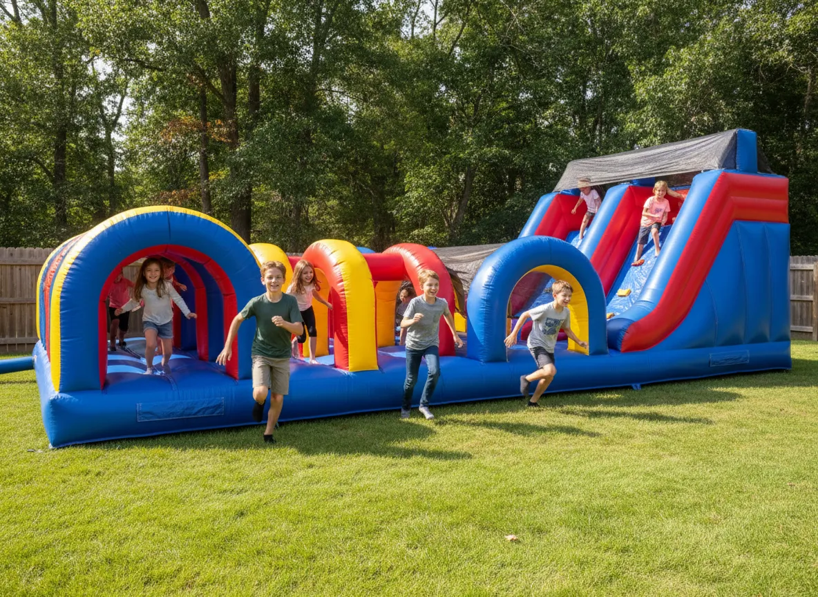 Colorful backyard inflatable obstacle course