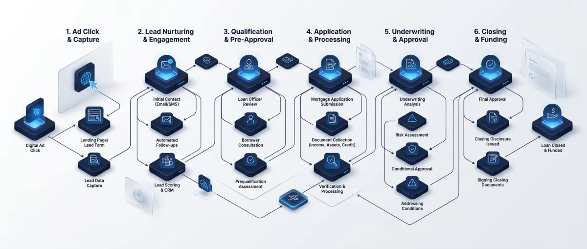Nexprop end-to-end mortgage lead conversion workflow diagram from click to closed loan