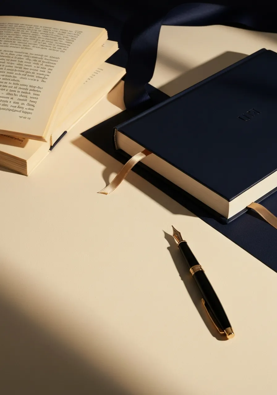 Refined author desk with manuscript pages, fountain pen, and an elegant book mockup in a warm, luxurious publishing studio
